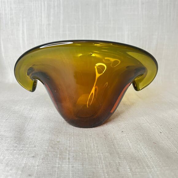 Mid Century Murano Style Yellow Ochre Art Glass Clam Shell Bowl Tilted Vase - Picture 7 of 12